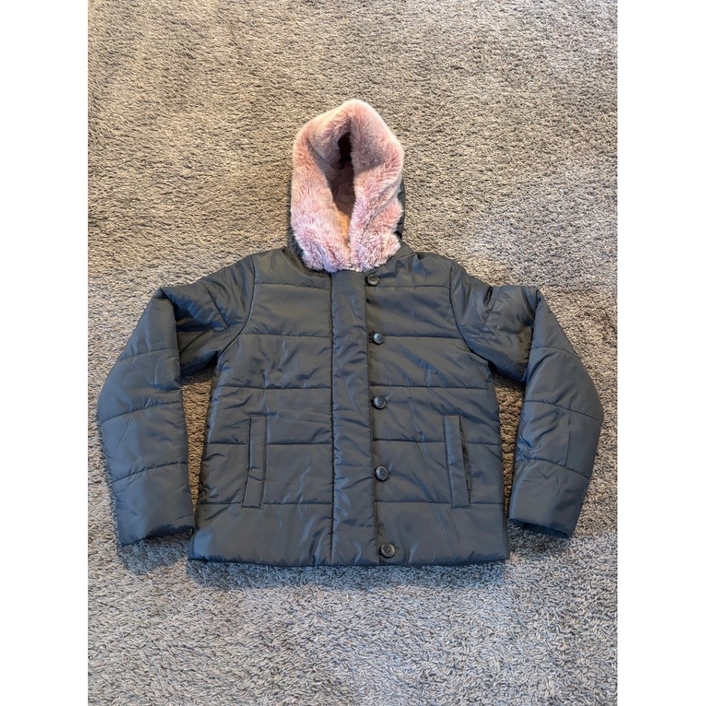 ISDA & CO Womens Black Quilted Hooded Puffer Jacket Pink Faux Fur Trim XS